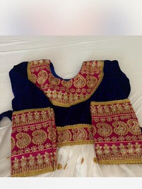 Embroidered Navy Velvet and Fuchsia Blouse with Gold Detail